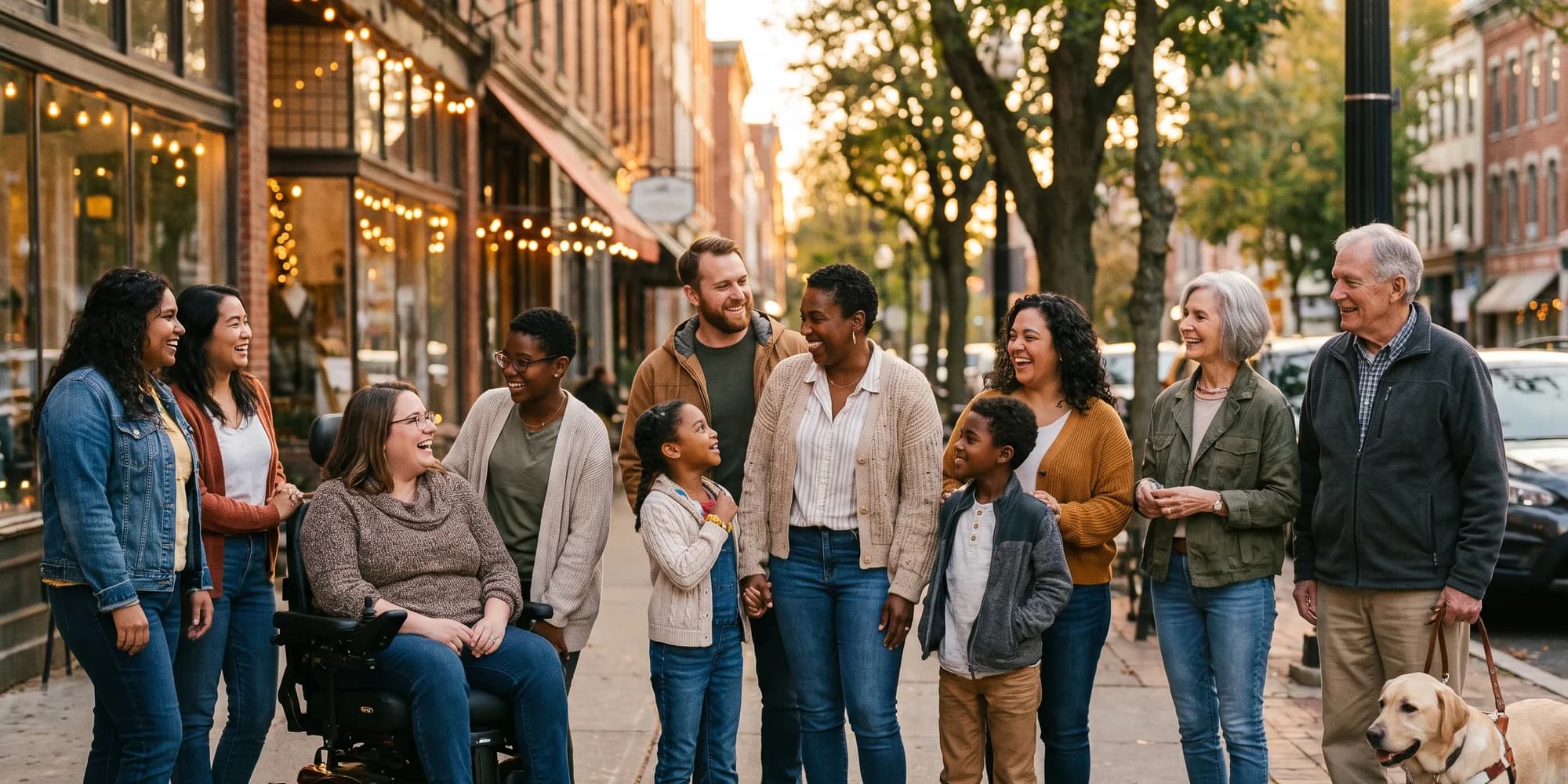 A diverse group of neighbors and small-business owners talking and laughing together on a welcoming, string-lit city street