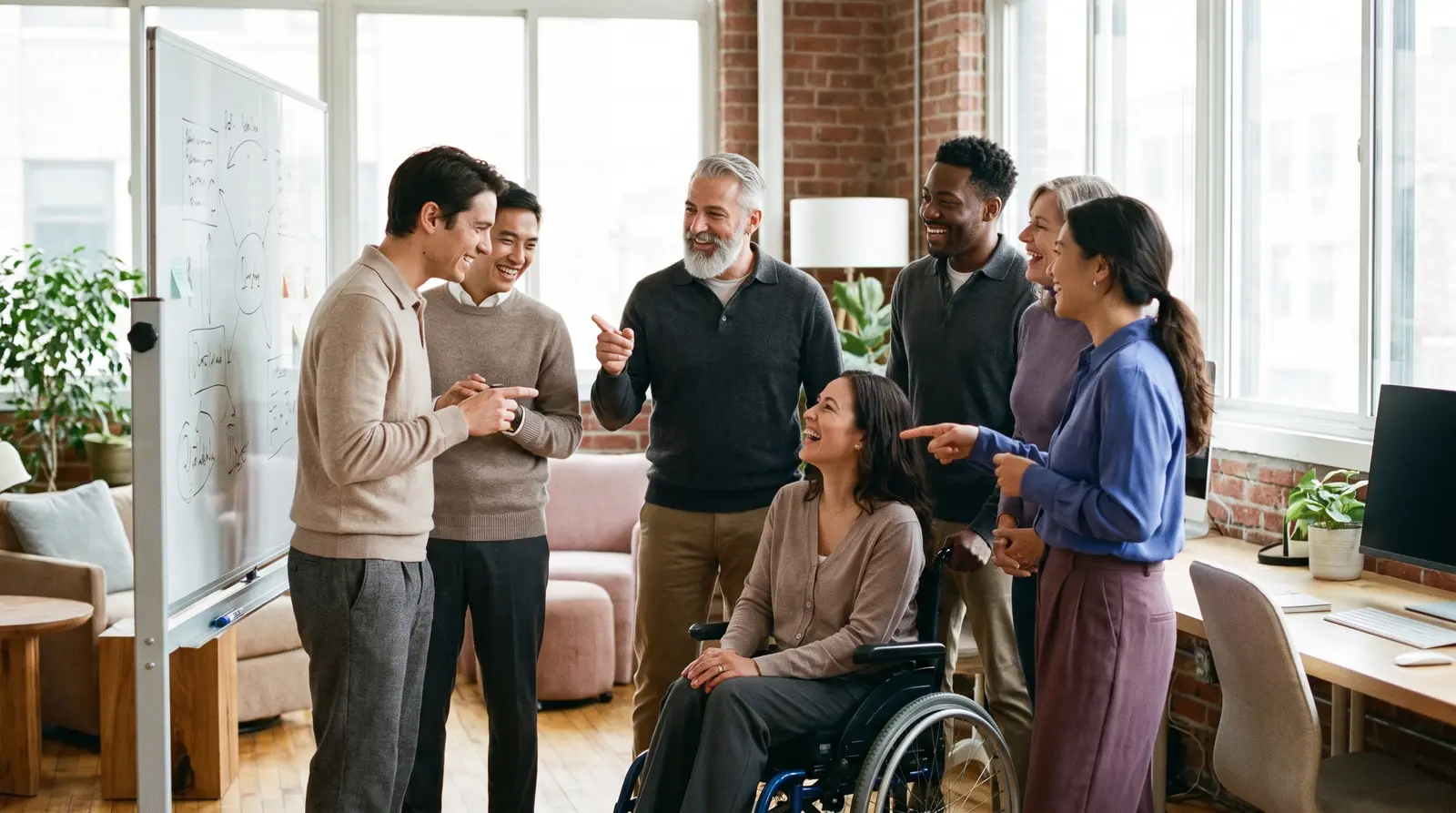A team of colleagues talking together in an open office, including a wheelchair user