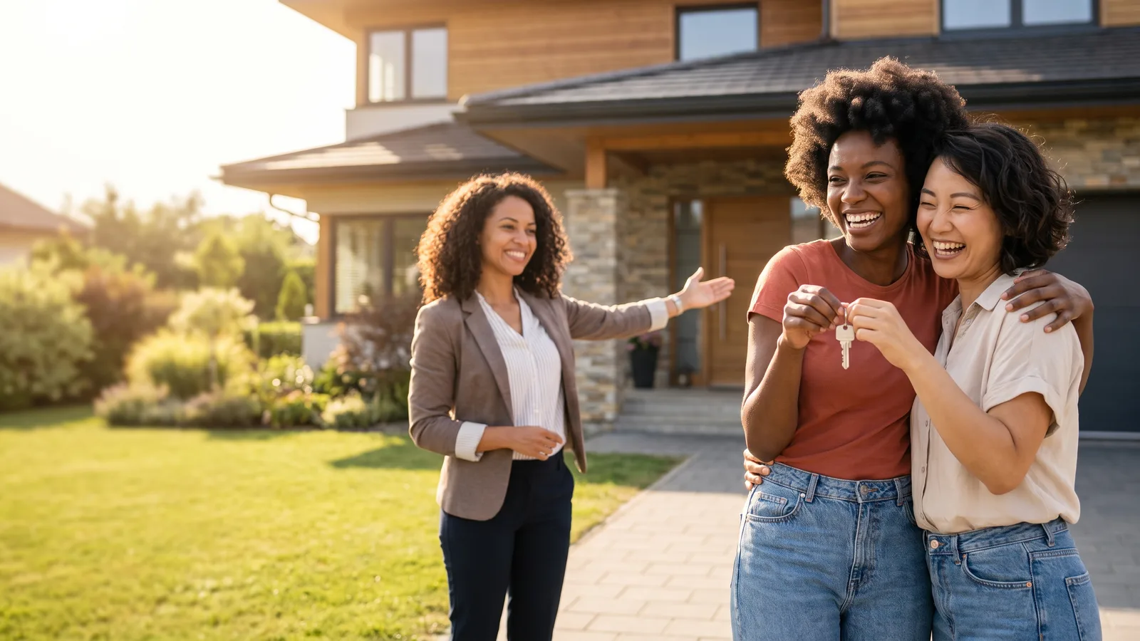 A happy couple receiving the keys to their new home from a welcoming real estate agent